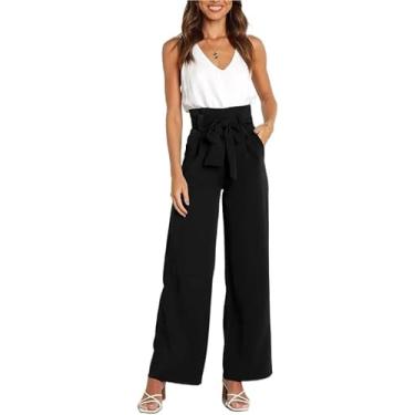 Imagem de Mulheres Calças Com Cinto Perna Larga Calças De Lounge Com Bolsos Tecido Escritório Reto Casual Sólido, Black, XL