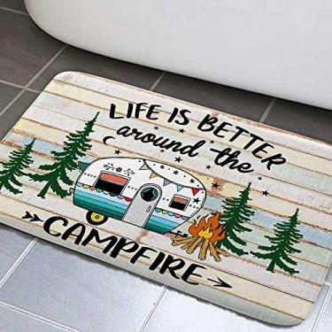 Imagem de JAWO Tapetes de banheiro para trailers, tapetes de banheiro Happy Camping para interior Happy Camperss Tapete de porta rústico de madeira rústica, tapetes de banheiro e cabine, acessórios de banheiro