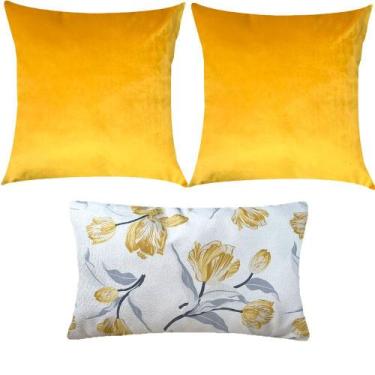 Imagem de Kit 3 Almofadas Composê Veludo Amarelo Liso e Floral Cinza - Sua Casa 