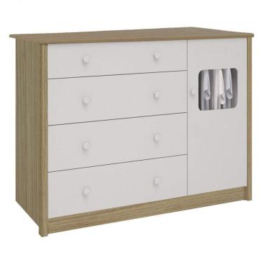 Imagem de Cômoda de Bebê 1 Porta 4 Gavetas Mila Móveis Peroba Branco Brilho/Carvalho