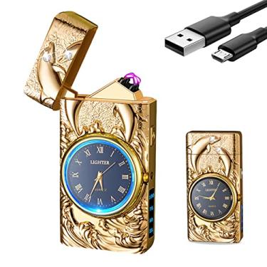 Imagem de SKRFIRE Isqueiro de relógio elétrico recarregável para golfinhos, isqueiros de arco USB, modernos isqueiros de metal dragão iluminação LED para velas presentes (golfinho dourado)