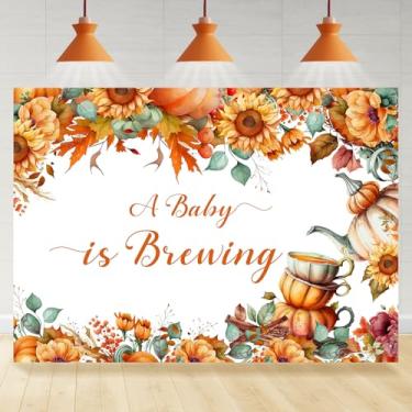 Imagem de Rsuuinu Pano de fundo de chá de bebê para chá de bebê A Baby is Brewing Autumn Sunflower Maple Photography Background Recém-nascido chá de bebê decoração de festa suprimentos de decoração de bolo mesa