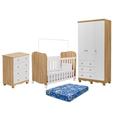 Imagem de Dormitório Infantil Júnior 3 Portas, Cômoda e Berço Uli com Colchão Baby Physical - Móveis Peroba