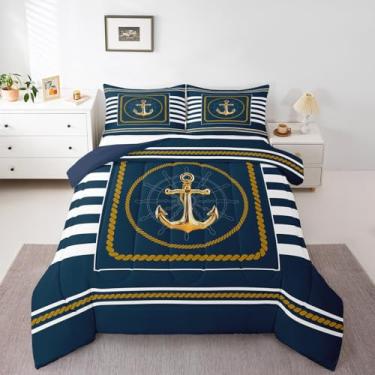 Imagem de jejeloiu Conjunto de cama com âncora, oceano, Queen, temática náutica, aventura marítima, litoral, leme, para decoração de quarto feminino, masculino, respirável, macio, com 2 fronhas, 3 peças