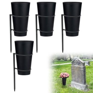 Imagem de Suporte de flor de vaso de metal com pontas de metal para cemitério, suporte de flores no chão, decoração com espuma floral, preto para marcadores memoriais, placa de decoração de túmulo para gramado