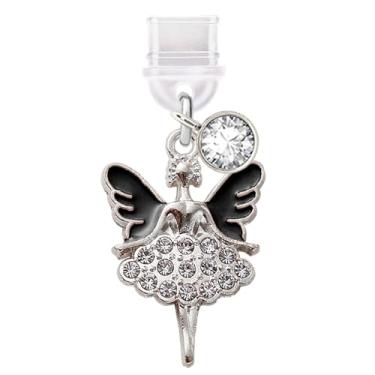 Imagem de ELISE & FONDA TP815 Tipo-C porta de carregamento antipoeira pequeno pingente de telefone celular de fada de cristal para iPhone 15/16/Samsung/OnePlus/Xiaomi/oppo telefones Android (preto)