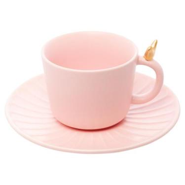 Imagem de Jogo 2 xícaras 190 ml para chá de cerâmica rosa com pires Colibri Wolf