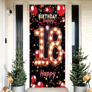 Imagem de Saoplasa Decoração de porta de aniversário de 18 anos 71 x 35 polegadas Bandeira de luz de balão vermelho e dourado para festa de 18 anos, decoração de parede para meninas e meninos