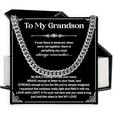 Imagem de SUTERY Colar de corrente cubana para neto, neto, presentes da vovó, vovô, Natal, aniversário, formatura, presente doce caixa de cartão de mensagem, Aço inoxidável, Sem Pedra Preciosa