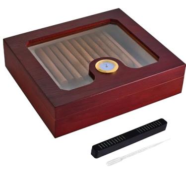 Imagem de Somduy Umidor de charuto para 25-30 charutos com umidificador e higrômetro, caixa de armazenamento de madeira de cedro de mesa com divisória, vidro para homens, marrom avermelhado