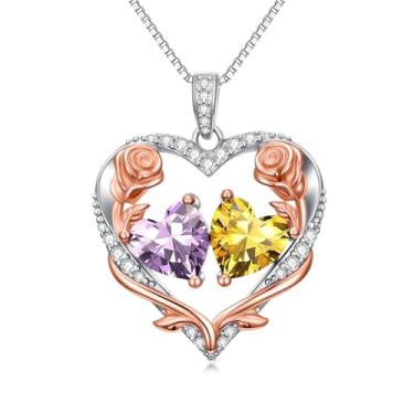 Imagem de Zoeniya Colar de coração rosa, presente para mulheres, banhado a ouro branco 18 k, pedra do mês de nascimento de 12 meses, presente de aniversário e Natal para sua esposa, namorada, 25mm, base