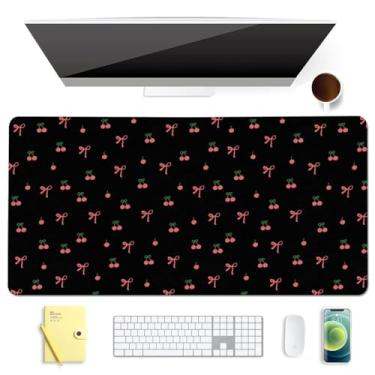 Imagem de BlHMCASE Cute Kawaii Bow Cherry Black Extended Gaming Keyboard Mouse Pad, protetor de couro antiderrapante para mesa de escritório em casa, tapete para mesa de laptop