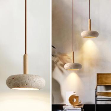 Imagem de WOSBO Luminária pendente Wabi Sabi, luminária pendente travertino amarela de 15 cm com sombra de pedra natural redonda, luminária pendente de madeira nórdica para quarto luz de cabeceira sala de estar