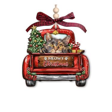 Imagem de Enfeite de Natal Manx - Linda decoração de Natal para amantes de gatos - Enfeite de caminhão vermelho de madeira de 3 camadas para donos de animais de estimação - Enfeite de pendurar para árvore de