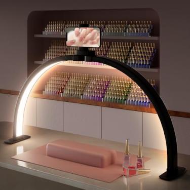 Imagem de TOELOVE Luz grande de meia lua de 73,7 cm para mesa de unhas com suporte de telefone | 3 modos de cores | 10 brilhos | Dobrável | Luz de arco | Iluminação de artesanato | Manicure DIY | Preto