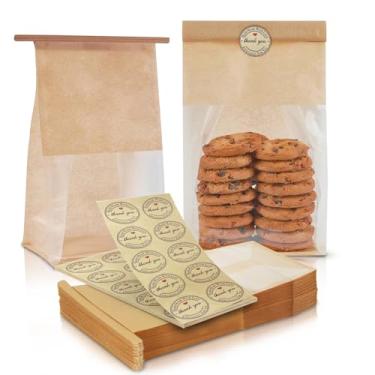 Imagem de O'Creme 50 sacos de padaria pequenos com janela, sacos de papel marrom com aba de lata resselável para biscoitos, guloseimas, assados, muffins, doces, granola, grãos de café (28 x 12,7 x 10 cm)