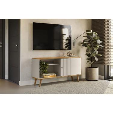 Imagem de Rack Bancada p/ TV até 50 Pol Rubi 1 Pta 1 Prat c/ Pés 120x64cm Nature/Off White - Linea Brasil