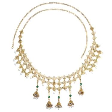 Imagem de Corrente de corpo vintage para mulheres banhada a ouro com franja de sinos de cristal corrente de cintura banhada a ouro cinto de barriga ajustável biquíni sexy praia cintos diários joias corporais