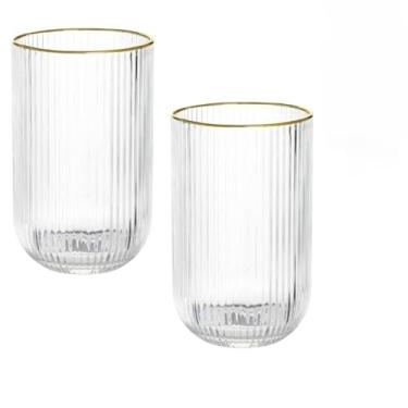 Imagem de Conjunto de 6 Copos Canelados com Haste - Taça de Vinho, 420ml, Borda Dourada, Para Festa (KIT 1 JOGO)