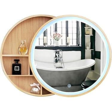 Imagem de Espelho Redondo De Parede De Madeira Maciça Para Banheiro Com Tira De Luz Led Armário De Armazenamento Montado Na Parede, Wood, 60cm(24inches)