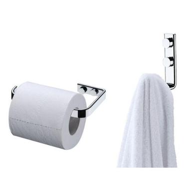 Imagem de Kit Banheiro Cromado Gancho Porta Toalha  + Suporte Papel Higiênico - 