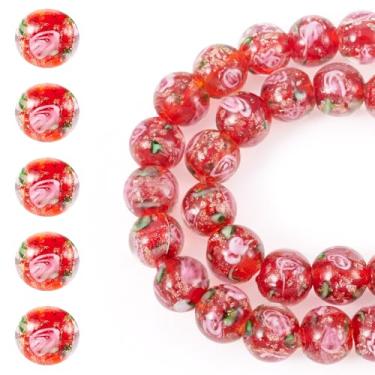 Imagem de Spritewelry 40 contas de vidro lampwork para pulseiras, contas de vidro Rondelle de 10 mm redondas douradas areia lampwork espaçador com flor rosa para fazer joias, colar, brincos, artesanato DIY