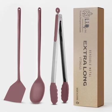 Imagem de Utensílios de cozinha extralongos - 3 peças - colher, espátula, pinça - silicone de grau alimentício livre de BPA - colher e espátula são feitas de metal dobrável especialmente trabalhado - rosa
