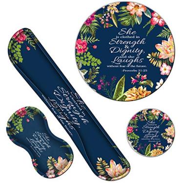 Imagem de Mouse pad ergonômico para teclado de pulso, gel com espuma viscoelástica e mouse pad redondo + porta-copos, conjunto de suporte de pulso com base antiderrapante para jogos, escritório, laptop, fácil digitação, salmo 31:25, aquarela floral