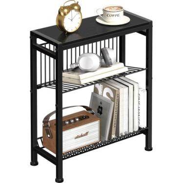 Imagem de Mesa lateral Homedawn Narrow de 3 camadas com porta-revistas preto