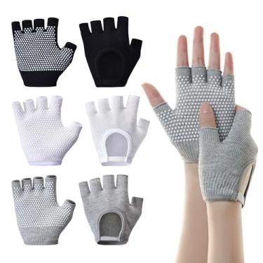 Imagem de YITOBA 3 pares de luvas de ioga antiderrapantes para mulheres, sem dedos, para academia, luvas de ioga de algodão com pontos de silicone para pilates, barras, treinamento esportivo e exercícios
