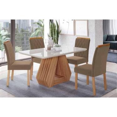 Imagem de Conjunto: Mesa de Cozinha Ágata Tampo Madeirado c/ Vidro 130x80cm e 4 Cadeiras Juliana Cinamomo/Off White - Carvalho/Suede Joli Capuccino - Cimol