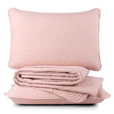 Imagem de Kit Cobre Leito Colcha Arcos Casal Padrão Dupla Face Matelado 200 Fios 3 Peças Rosa