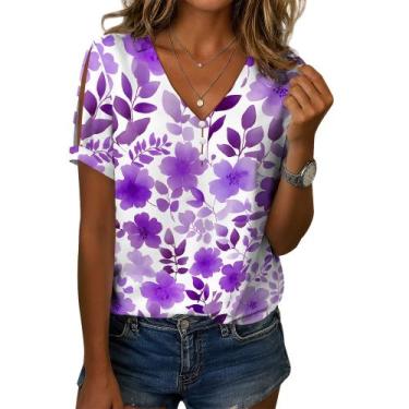 Imagem de Camisa feminina Medlor, manga curta, floral, solta, decote em V, 2025,
