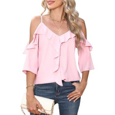 Imagem de Blusa BEYINCUTE Dressy para mulheres sem ombros, rosa com babados
