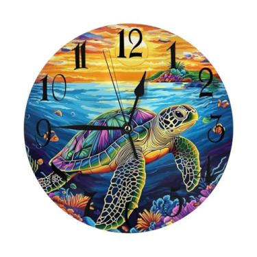 Imagem de Relógio de parede redondo de 25 cm, relógio de parede colorido com tartaruga marinha e oceano, silencioso, sem tique-taque para sala de estar, quarto, escritório, escola e cozinha
