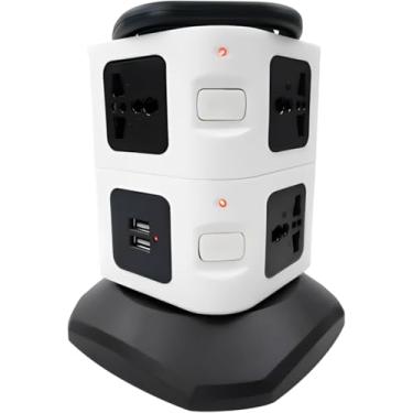 Imagem de Torre de Tomada Multifuncional com 3 Tomadas Universais e 2 Entradas USB, Design Vertical com Alça de Transporte, 2500W para Mesas e Bancadas