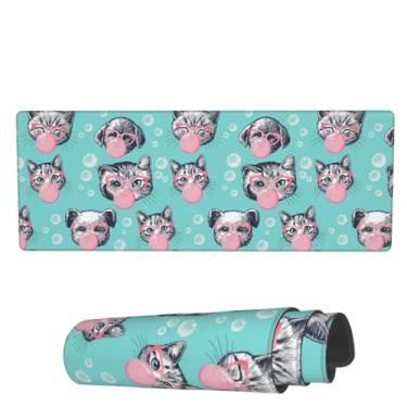 Imagem de Mouse pad grande para gatos e cachorros soprando bolhas de mouse pad estendido para jogos 80 x 29 cm GG grande tapete de mesa com base antiderrapante e bordas costuradas para jogos em casa, escritório