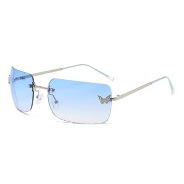 Imagem de Óculos de sol vintage sem aro, estilo borboleta, feminino, retangular, sem armação, com gradiente de diamante, para viagem, verão, 1.140 mm