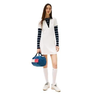 Imagem de Tommy Jeans Vestidos casuais femininos de manga curta contrastantes polo stretch, Ecru, PP