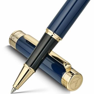 Imagem de MCNTEIK Caneta esferográfica de laca azul – caneta de luxo deslumbrante, revestimento de ouro 24K, refil Schmidt, tinta de fluxo de precisão, conjunto de presente de bola de rolo chique para homens e