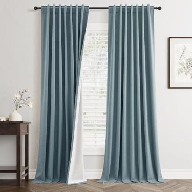 Imagem de Cortinas blecaute de linho azul 262 cm de comprimento conjunto de 2 painéis para sala de estar quarto redução de ruído térmico 100% cortinas de linho preto escurecimento do quarto cortinas de janela