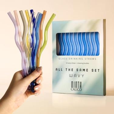 Imagem de Pacote com 10 canudos de vidro ondulados reutilizáveis – Coloridos, duráveis, resistentes a quebras – Inclui 10 canudos ondulados e 2 escovas de limpeza – para smoothies, café gelado (azul celeste)