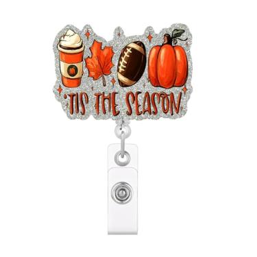 Imagem de Tis The Season Fall Badge Reel, porta-crachá retrátil de Ação de Graças com design de café de abóbora e futebol, clipe de crachá bonito para feriados sazonais para enfermeiras, professores