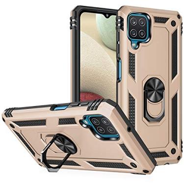 Imagem de SORAKA Capa para Samsung Galaxy A12 com suporte de anel capa protetora para Samsung Galaxy M12 capa traseira de policarbonato rígido com placa de metal para celular magnético suporte de carro dourado