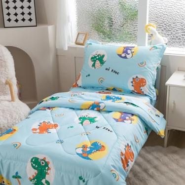 Imagem de Caressma Jogo de cama infantil de 4 peças, estampa de edredom macio, lindos dinossauros azuis para bebês e crianças. Inclui edredom, lençol de cima e fronha para todas as estações