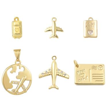 Imagem de UR URLIFEHALL 6 peças, 6 estilos, berloques de viagem de zircônia cúbica, banhado a ouro 18 K, avião, passaporte, bagagem, pingentes para joias, colar