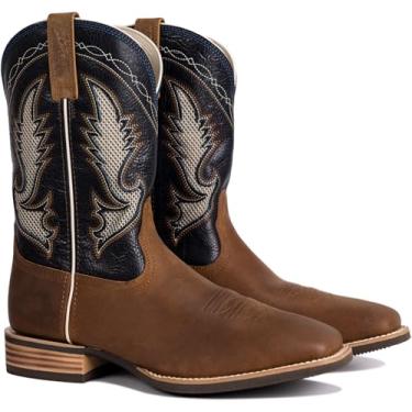 Imagem de Palitutu Botas de cowboy masculinas couro bovino completo retrô ocidental com bico quadrado pintado à mão clássico bordado resistente, Marrom, 42