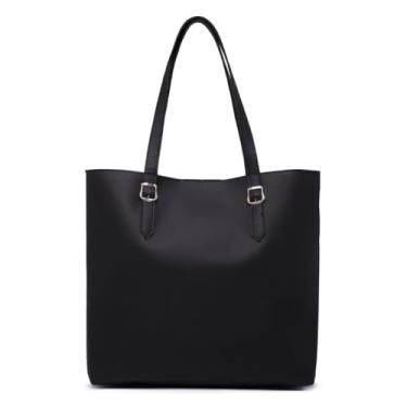 Imagem de Bolsa Sacola Grande de Ombro Feminina, Couro Sintético, Preta, Branca, Marrom, 40x34x10cm, Alça Dupla com Fivelas (Preto)