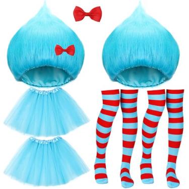 Imagem de Yearntown Conjunto de 8 peças de fantasia azul de Halloween, acessórios de roupa com peruca azul peluda, laço vermelho, saia tutu listrada, meias femininas (estilo 1)