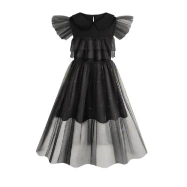 Imagem de Fantasia Wandinha Addams Infantil e Juvenil Dia das Bruxas Vestido Preto Gótico com Tule e Gola Peter Pan, Estilo Família Addams para Halloween, Cosplay, Festas e Eventos Temáticos (G)